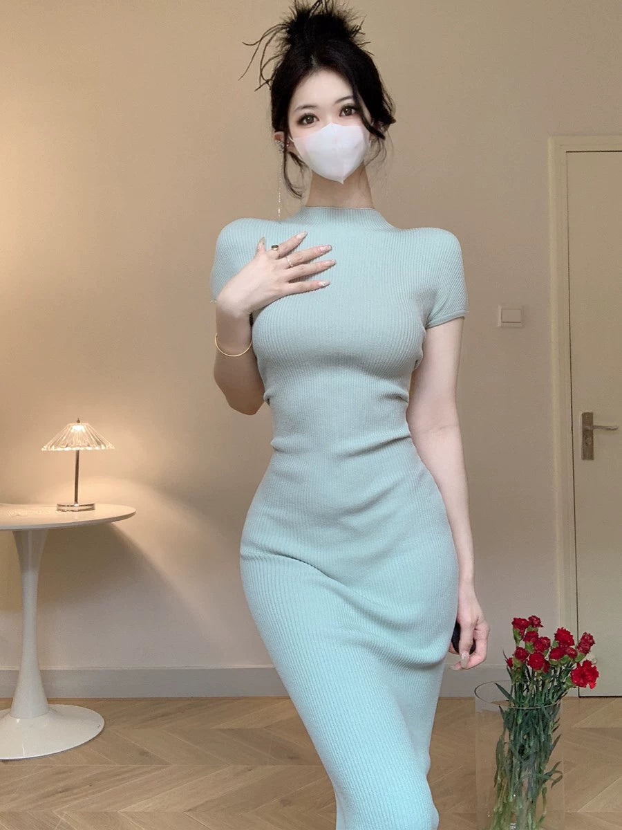 Summer 2024 Women Tight Slim fit Sheath Sexy Temperament Slimming Bottoming Knitted Ice Silk Dress Split Skirts